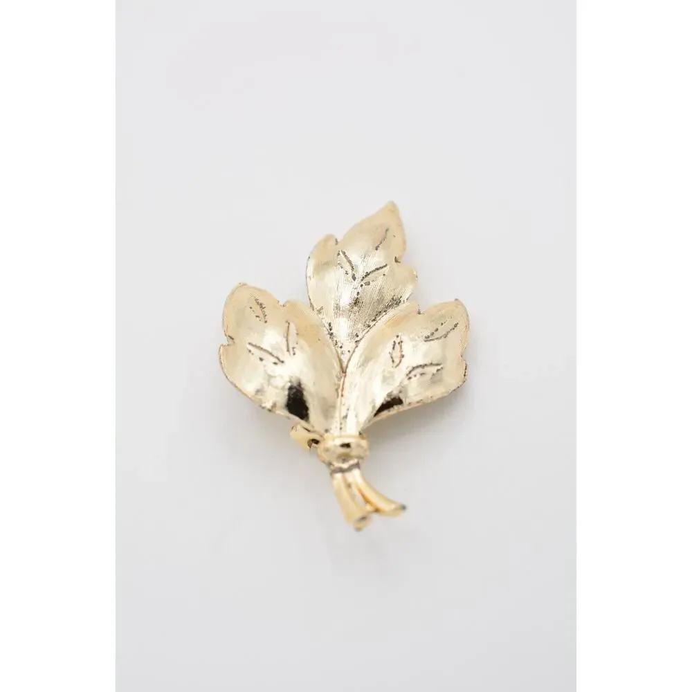Vintage Wet Textured Leaf Pin Brooch Gold Tone Fall Autumn Chunky 1990s BinAT